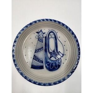 Eldreth Pottery 2000 Salt Glazed Santa Christmas Tree Blue Cobalt Plate 9.75in